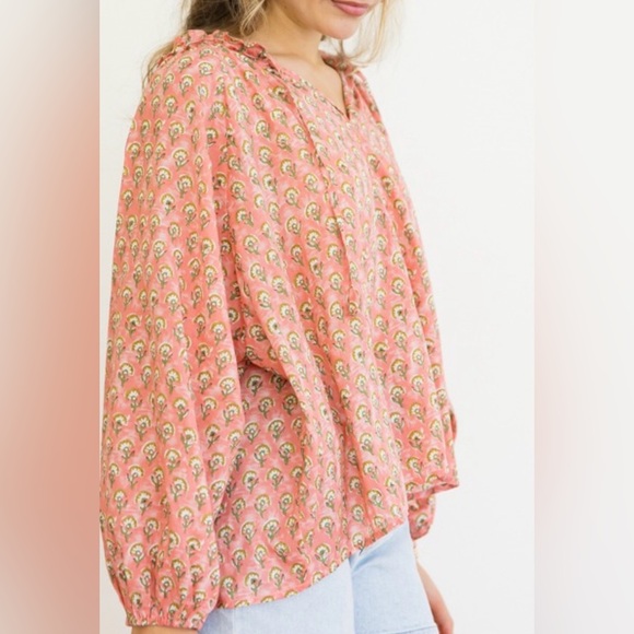Women’s Gigio Coral Floral Long Dolman Sleeve Peasant Boho Oversized Top Size L - Picture 2 of 14